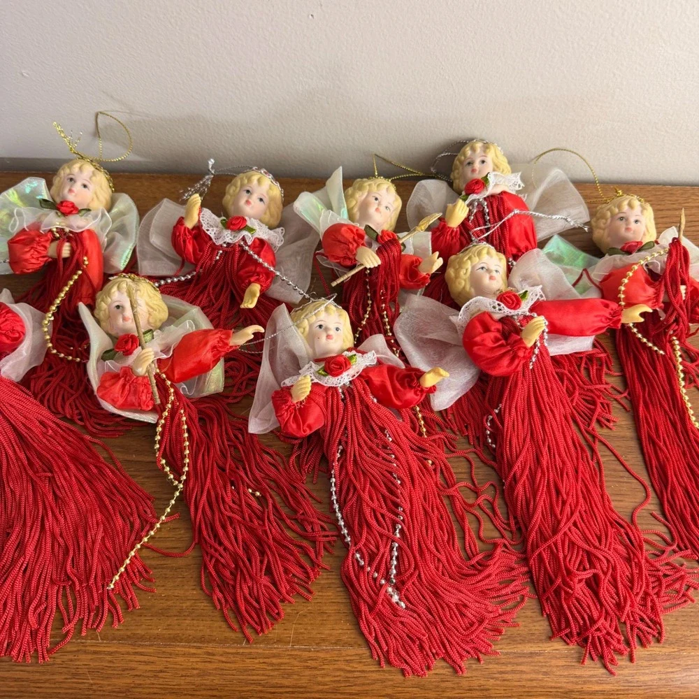 Vintage Set of 9 Porcelain Head Angel Tassel Christmas Ornaments Red Victorian
